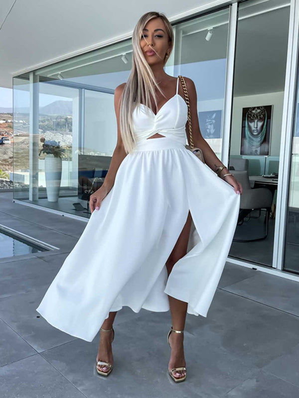 Women's dress evening backless cut out side pocket long slit elegant