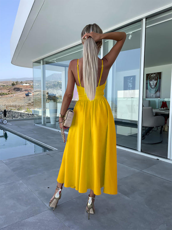 Women's Dress Evening Elegant Backless Cut Out Side Pocket Long Slit