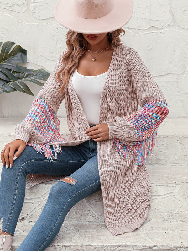 Women's Cardigan knitted fringes, dropped shoulders elegant lantern sleeves