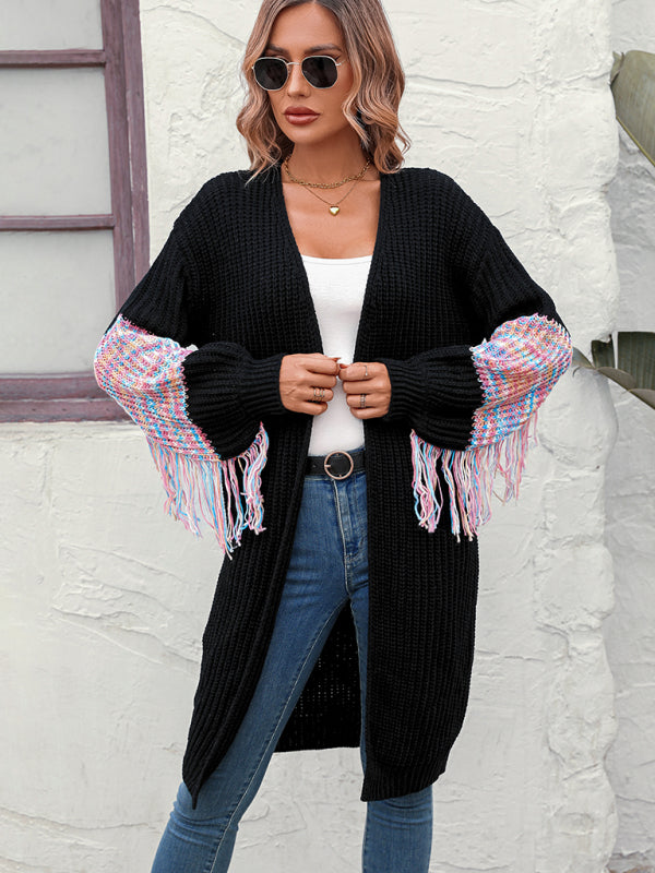 Women's Cardigan knitted fringes, dropped shoulders elegant lantern sleeves