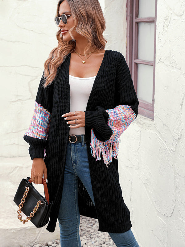 Women's Cardigan knitted fringes, dropped shoulders elegant lantern sleeves