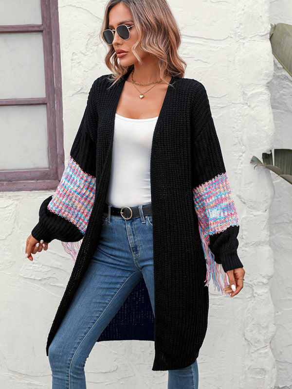 Women's Cardigan knitted fringes, dropped shoulders elegant lantern sleeves