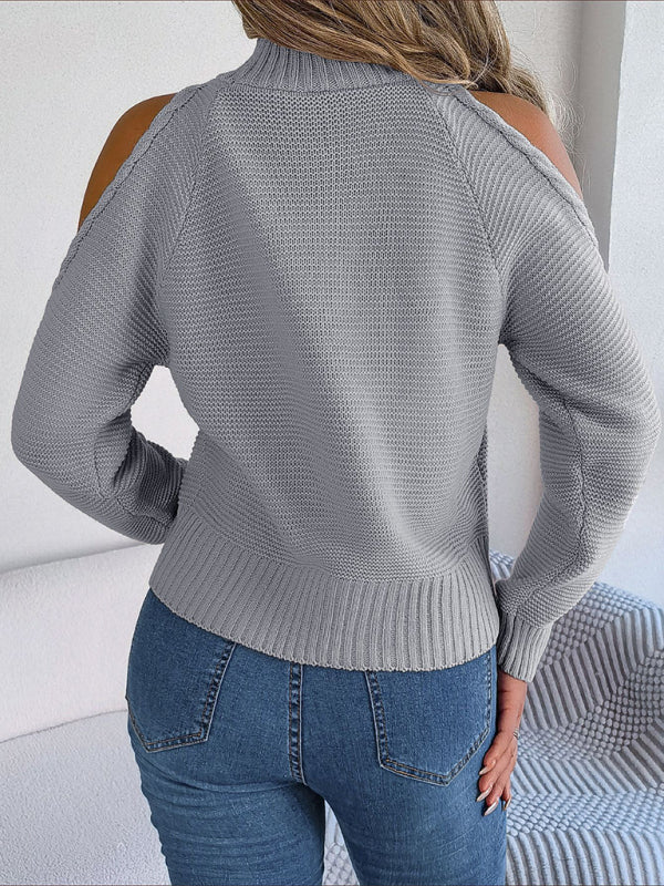 Women's sweater knitted off-shoulder elegant, long sleeves and turtleneck