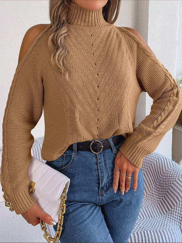 Women's sweater knitted off-shoulder elegant, long sleeves and turtleneck