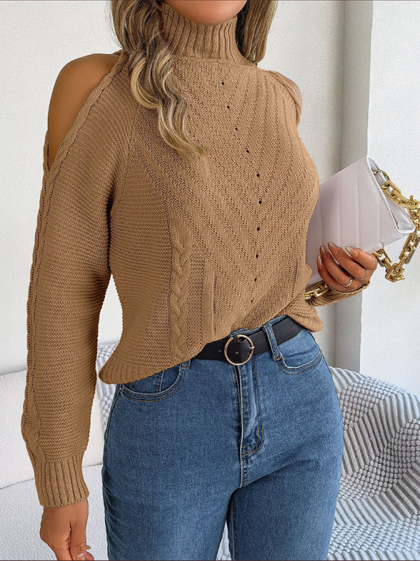 Women's sweater knitted off-shoulder elegant, long sleeves and turtleneck