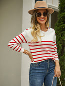Women's sweater knitted striped with shoulder buttons, casual