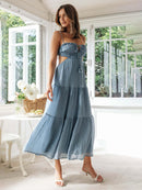 Women's dress long bohemian with straps, flowing ruffles, large hem