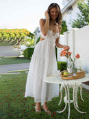 Women's dress long bohemian with straps, flowing ruffles, large hem