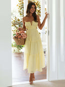Women's dress long bohemian with straps, flowing ruffles, large hem