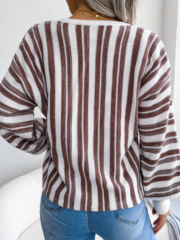 Buy brown Women&#39;s sweater  knitted striped lace-up elegant, lantern sleeves, v-neck