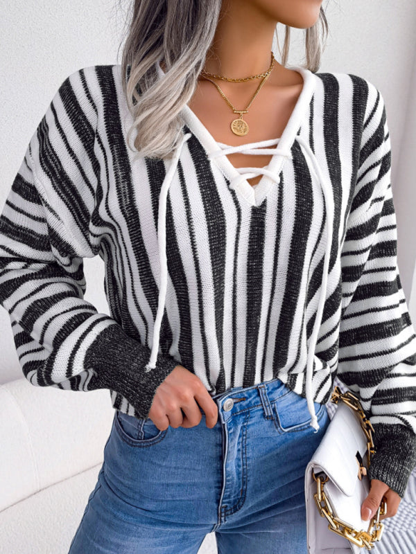 Women's sweater  knitted striped lace-up elegant, lantern sleeves, v-neck