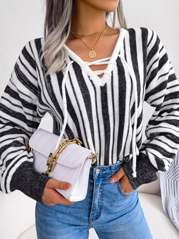 Women's sweater  knitted striped lace-up elegant, lantern sleeves, v-neck