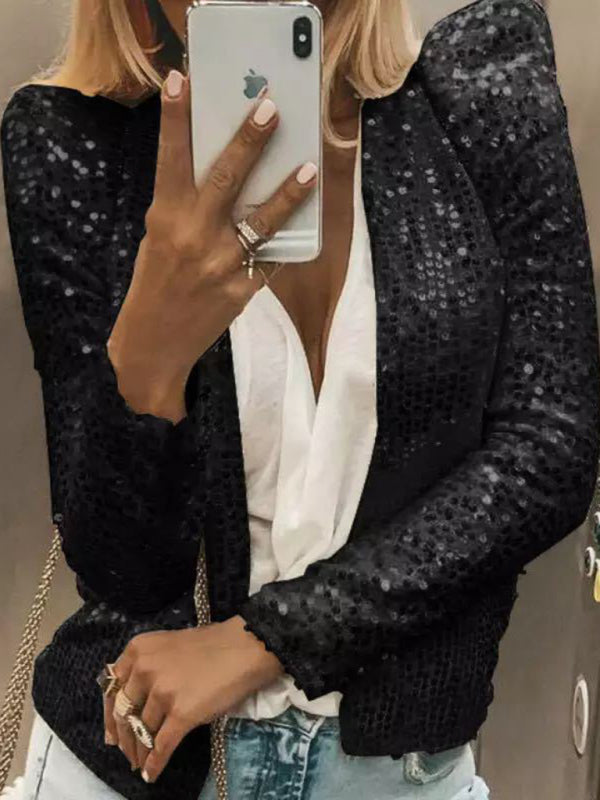 Women's Cardigan Jacket sequined elegant round neck solid color