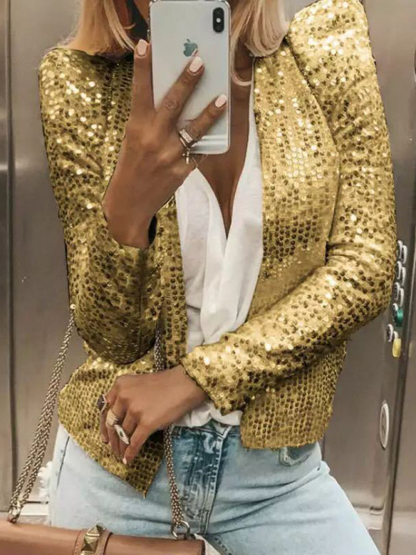 Women's Cardigan Jacket sequined elegant round neck solid color