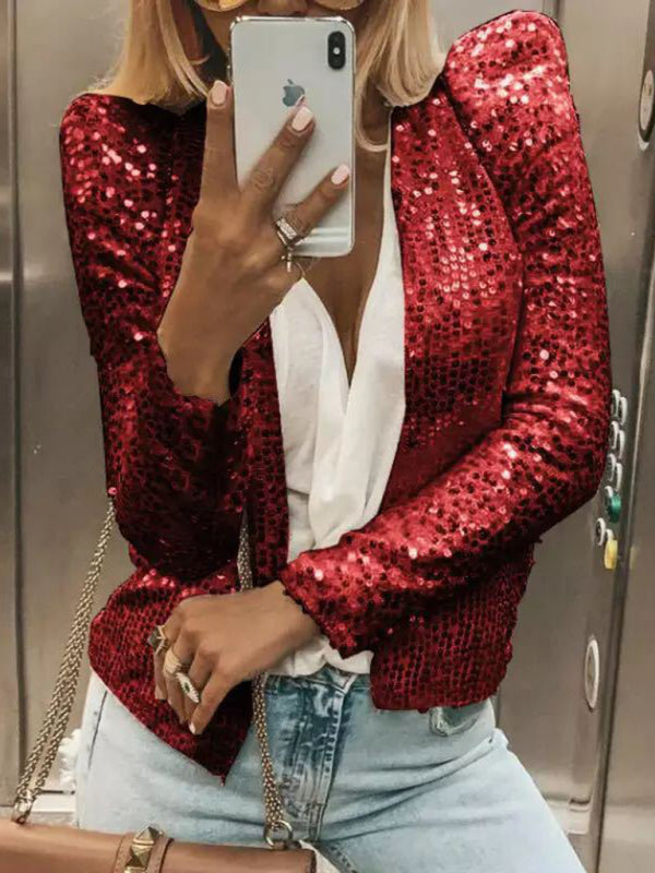 Women's Cardigan Jacket sequined elegant round neck solid color