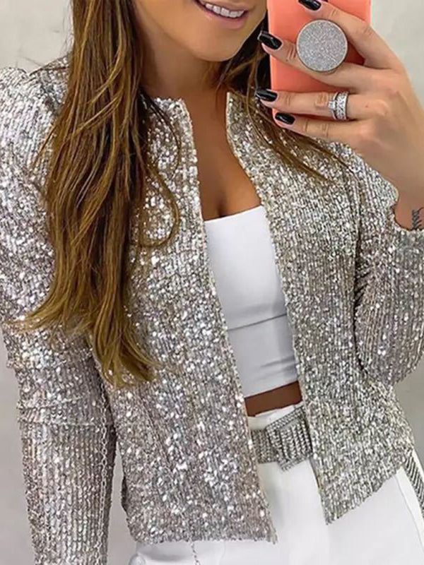 Women's Cardigan Jacket sequined elegant round neck solid color