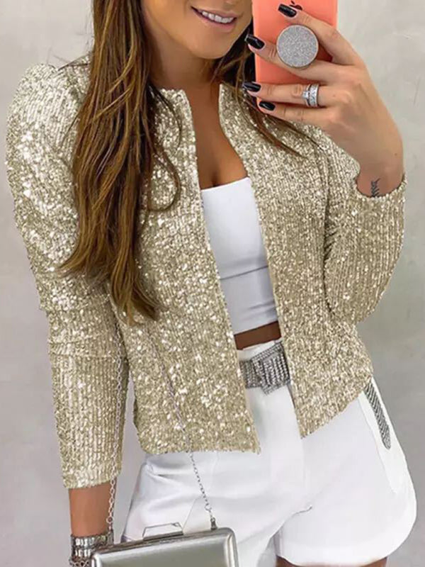 Women's Cardigan Jacket sequined elegant round neck solid color