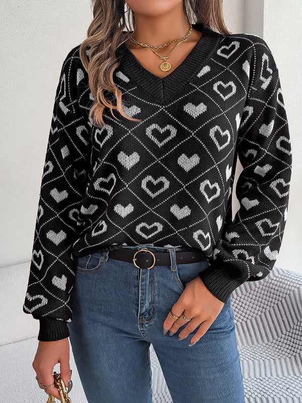 Women's sweater knitted loose elegant, heart print, v-neck, soft