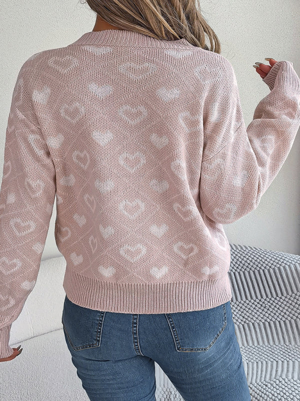 Women's sweater knitted loose elegant, heart print, v-neck, soft