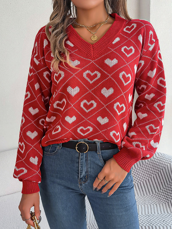 Women's sweater knitted loose elegant, heart print, v-neck, soft