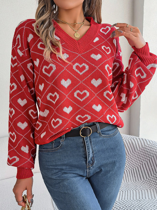 Women's sweater knitted loose elegant, heart print, v-neck, soft