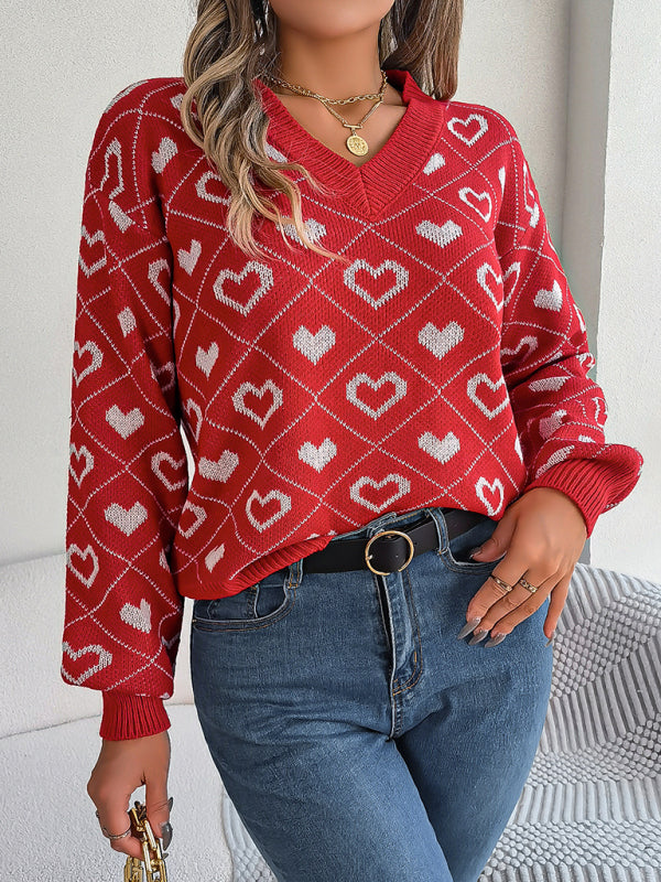 Women's sweater knitted loose elegant, heart print, v-neck, soft