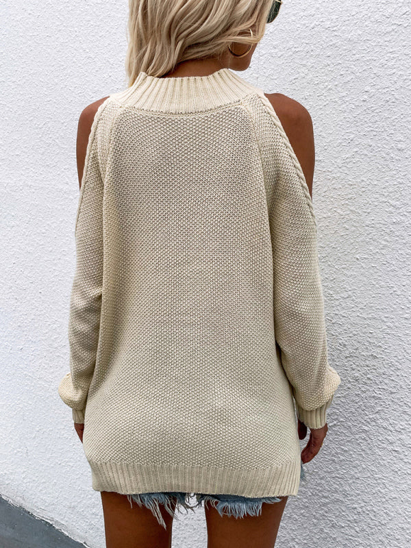 Women's sweater knitted thick round neck, Cut-Out Shoulders elegant