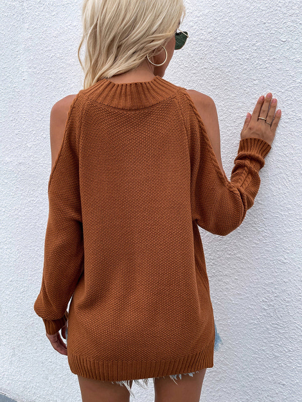 Women's sweater knitted thick round neck, Cut-Out Shoulders elegant