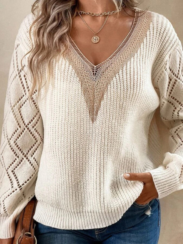 Women's sweater knit, V-neck lace, dropped shoulders  long sleeves