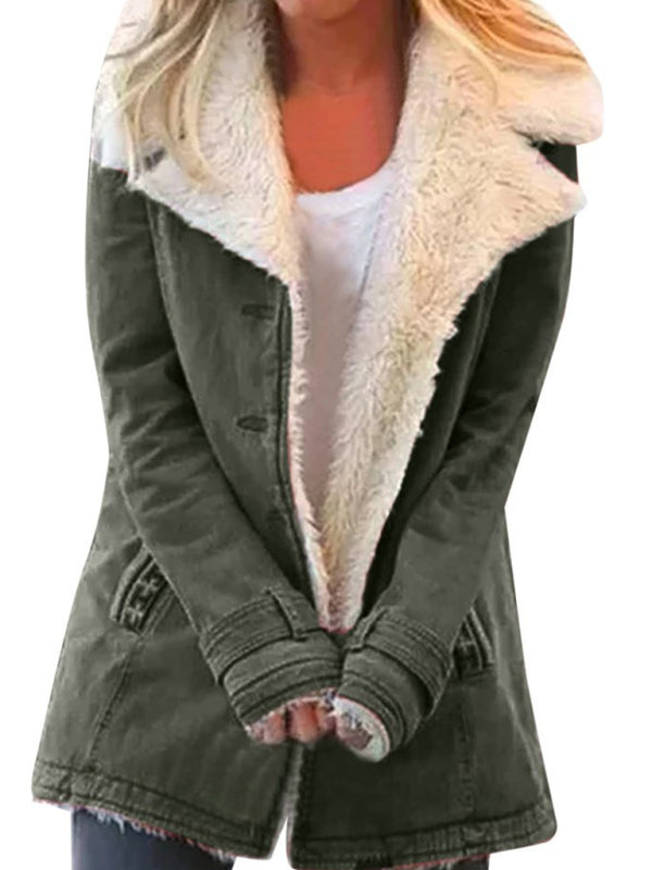 Women's jacket mid-length thermal without hood lapel button