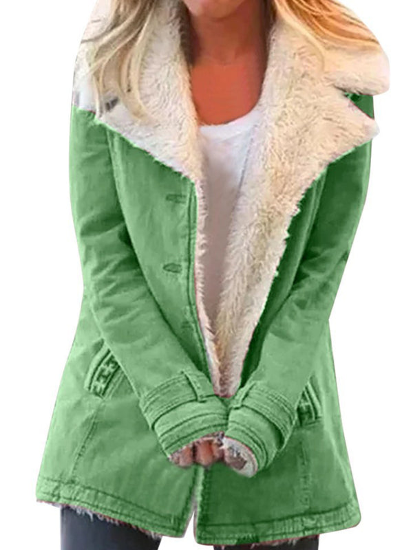 Women's jacket mid-length thermal without hood lapel button