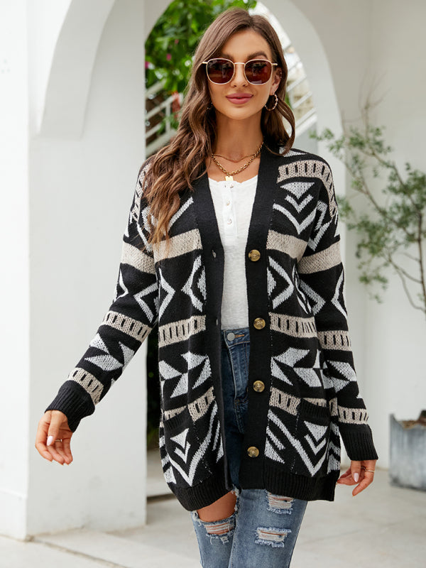 Women's cardigan open, contrast pocket, bohemian print, coats, plus size