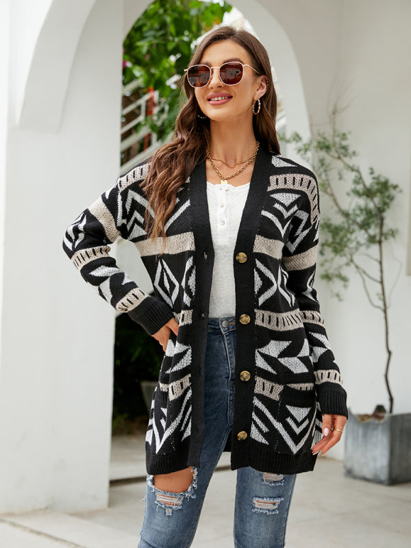 Women's cardigan open, contrast pocket, bohemian print, coats, plus size