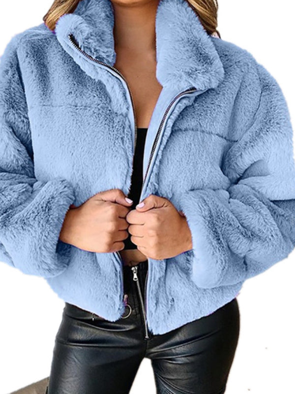 Women's short jacket warm plush elegant cardigan zipper