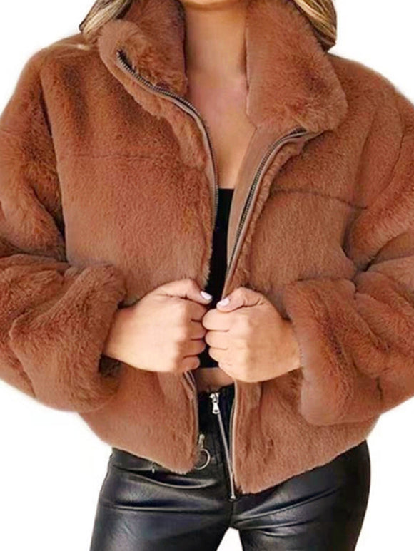 Women's short jacket warm plush elegant cardigan zipper