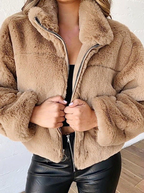 Women's short jacket warm plush elegant cardigan zipper