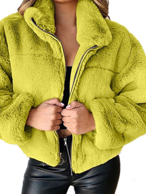 Women's short jacket warm plush elegant cardigan zipper