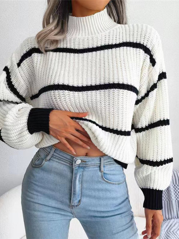 Women's sweater knitted turtleneck , casual striped, lantern sleeve