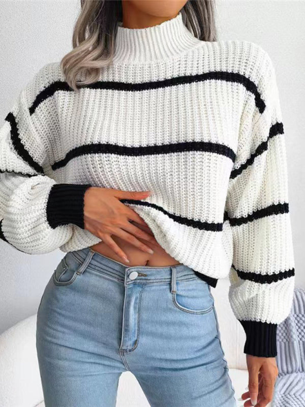 Women's sweater knitted turtleneck , casual striped, lantern sleeve