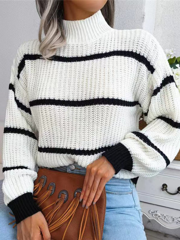 Women's sweater knitted turtleneck , casual striped, lantern sleeve