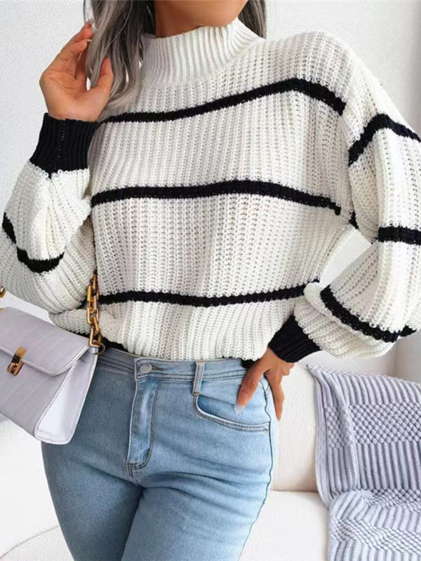 Women's sweater knitted turtleneck , casual striped, lantern sleeve