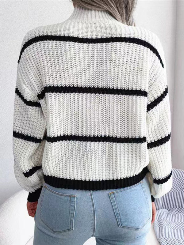 Women's sweater knitted turtleneck , casual striped, lantern sleeve