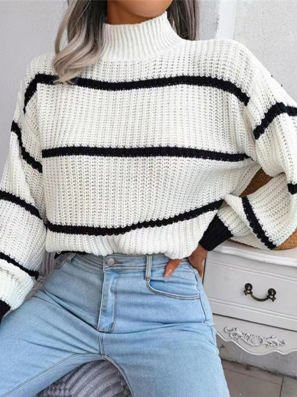 Women's sweater knitted turtleneck , casual striped, lantern sleeve