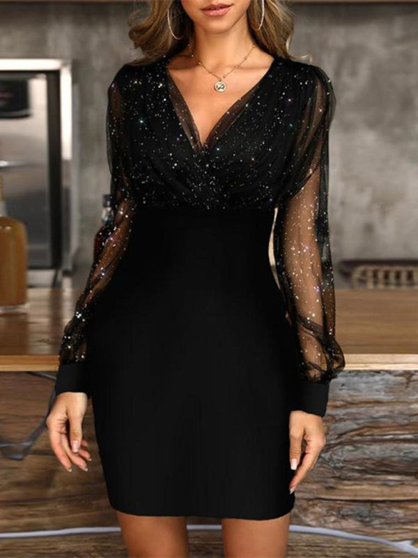 Women's dress evening sequined elegant mesh sleeves patchwork