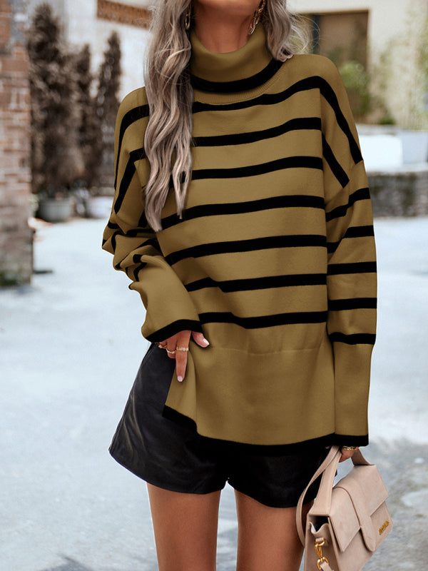 Women's sweater knitted striped elegant with turtleneck, long sleeve top