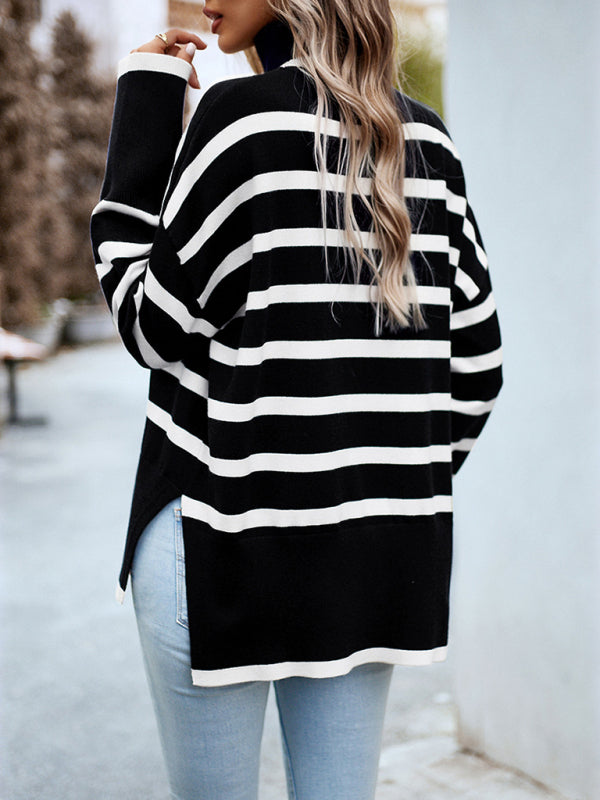 Women's sweater knitted striped elegant with turtleneck, long sleeve top