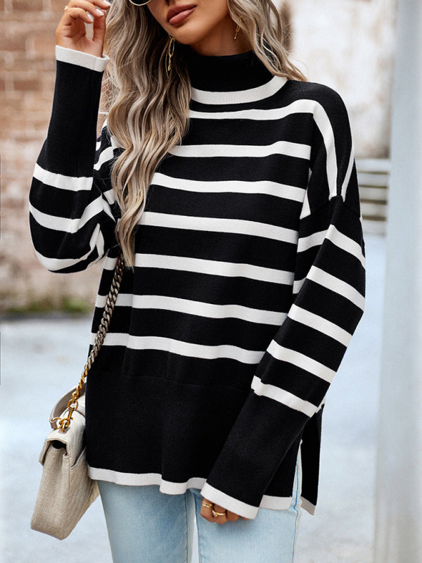 Women's sweater knitted striped elegant with turtleneck, long sleeve top