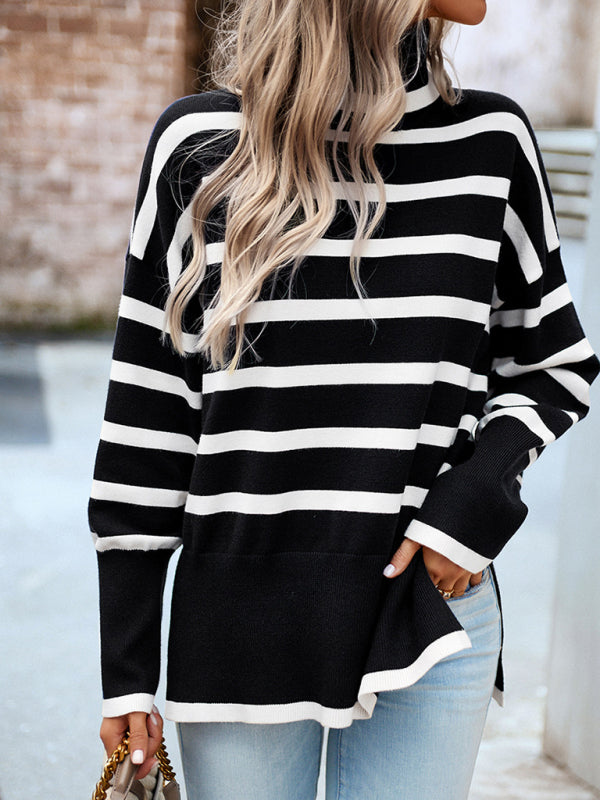 Women's sweater knitted striped elegant with turtleneck, long sleeve top