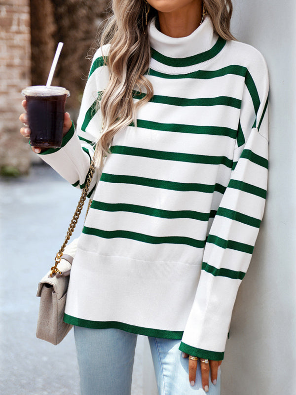 Women's sweater knitted striped elegant with turtleneck, long sleeve top