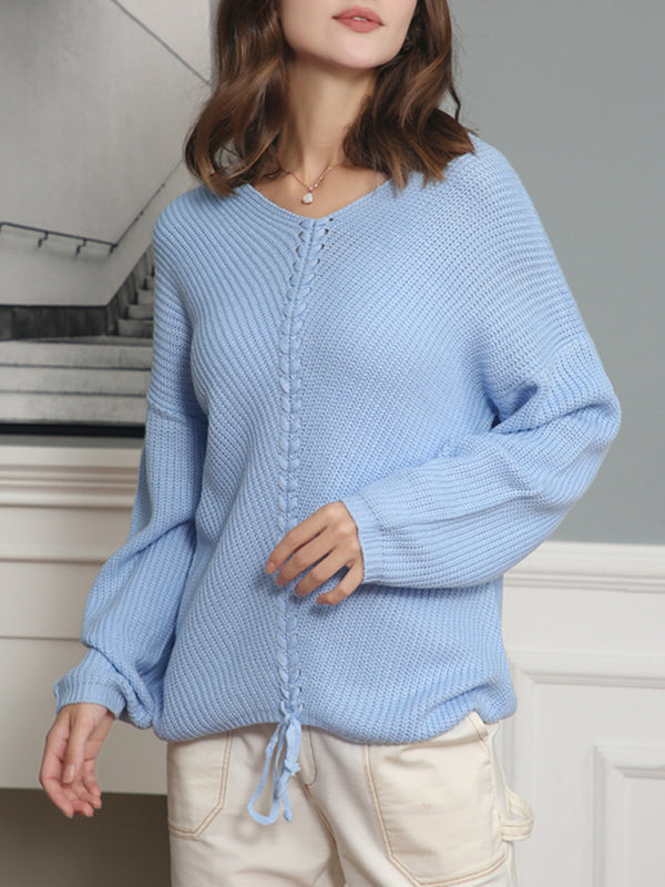 Women's sweater knitted lace-up elegant, long sleeves and v-neck, loose